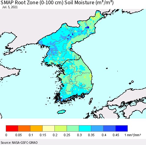 Korea SMAP Root Zone (0-100 cm) Soil Moisture (m³/m³) Thematic Map For 7/1/2021 - 7/5/2021