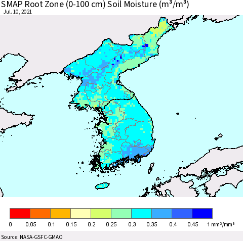 Korea SMAP Root Zone (0-100 cm) Soil Moisture (m³/m³) Thematic Map For 7/6/2021 - 7/10/2021
