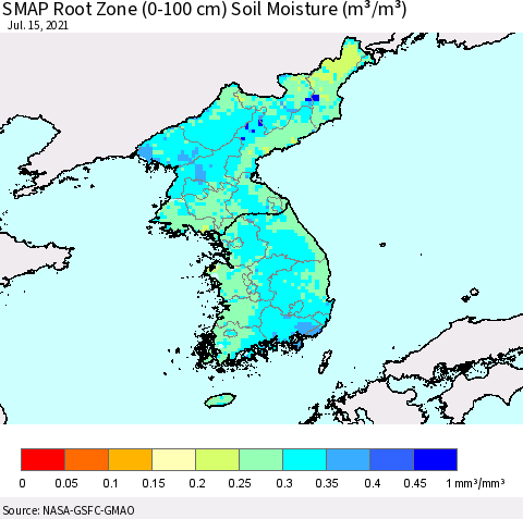 Korea SMAP Root Zone (0-100 cm) Soil Moisture (m³/m³) Thematic Map For 7/11/2021 - 7/15/2021