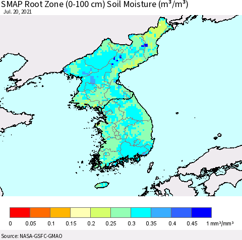 Korea SMAP Root Zone (0-100 cm) Soil Moisture (m³/m³) Thematic Map For 7/16/2021 - 7/20/2021