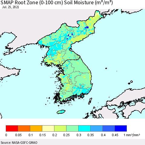 Korea SMAP Root Zone (0-100 cm) Soil Moisture (m³/m³) Thematic Map For 7/21/2021 - 7/25/2021