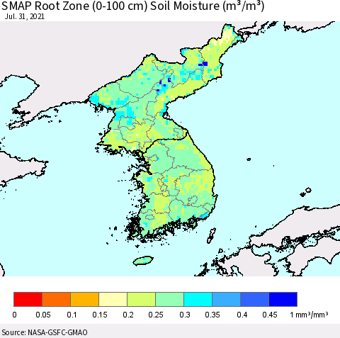 Korea SMAP Root Zone (0-100 cm) Soil Moisture (m³/m³) Thematic Map For 7/26/2021 - 7/31/2021