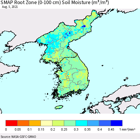 Korea SMAP Root Zone (0-100 cm) Soil Moisture (m³/m³) Thematic Map For 8/1/2021 - 8/5/2021