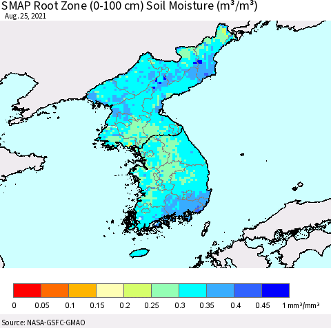 Korea SMAP Root Zone (0-100 cm) Soil Moisture (m³/m³) Thematic Map For 8/21/2021 - 8/25/2021