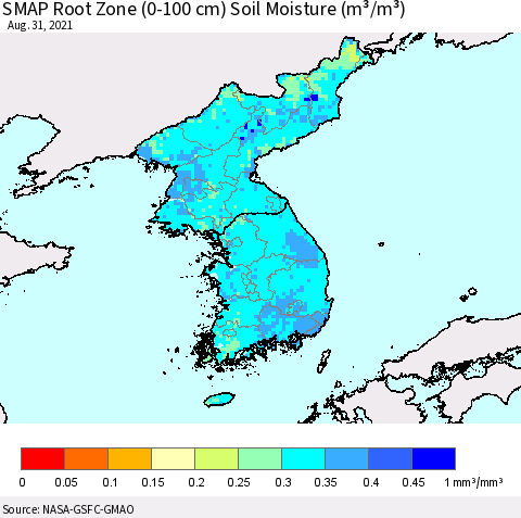 Korea SMAP Root Zone (0-100 cm) Soil Moisture (m³/m³) Thematic Map For 8/26/2021 - 8/31/2021