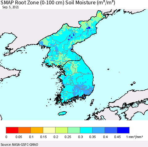 Korea SMAP Root Zone (0-100 cm) Soil Moisture (m³/m³) Thematic Map For 9/1/2021 - 9/5/2021