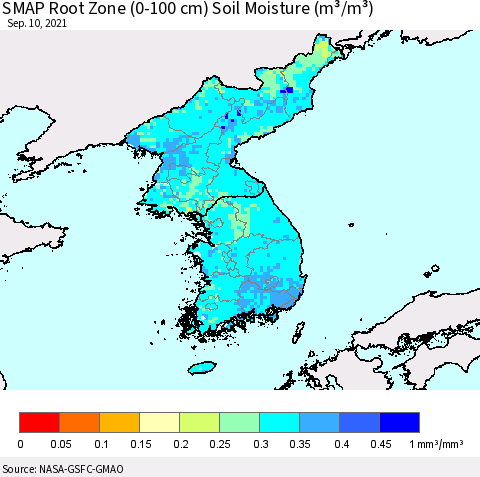 Korea SMAP Root Zone (0-100 cm) Soil Moisture (m³/m³) Thematic Map For 9/6/2021 - 9/10/2021