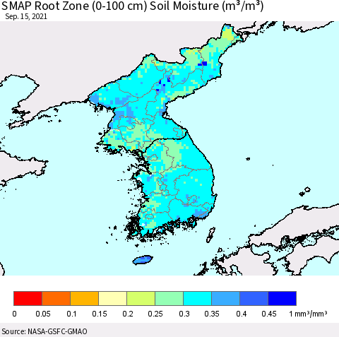 Korea SMAP Root Zone (0-100 cm) Soil Moisture (m³/m³) Thematic Map For 9/11/2021 - 9/15/2021