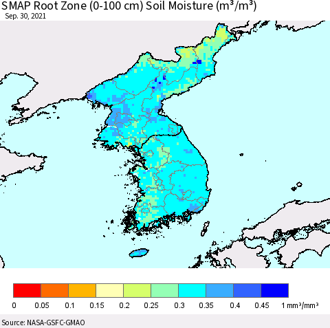 Korea SMAP Root Zone (0-100 cm) Soil Moisture (m³/m³) Thematic Map For 9/26/2021 - 9/30/2021