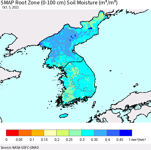 Korea SMAP Root Zone (0-100 cm) Soil Moisture (m³/m³) Thematic Map For 10/1/2021 - 10/5/2021