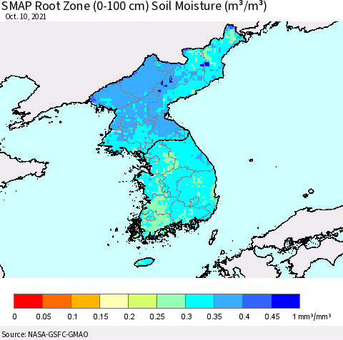 Korea SMAP Root Zone (0-100 cm) Soil Moisture (m³/m³) Thematic Map For 10/6/2021 - 10/10/2021