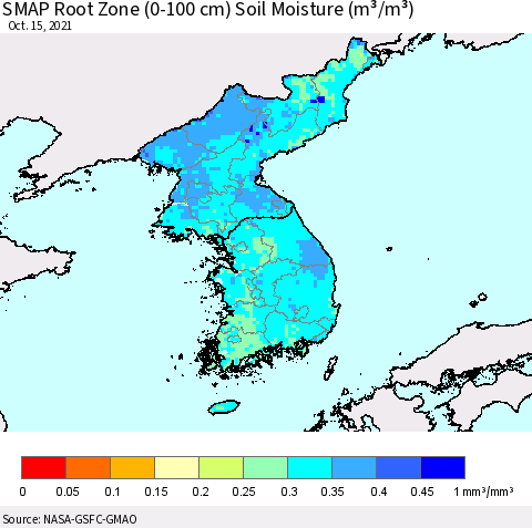 Korea SMAP Root Zone (0-100 cm) Soil Moisture (m³/m³) Thematic Map For 10/11/2021 - 10/15/2021