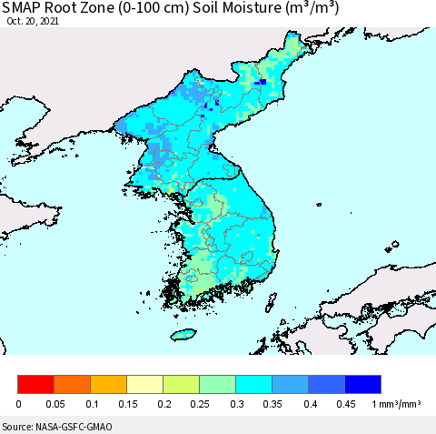 Korea SMAP Root Zone (0-100 cm) Soil Moisture (m³/m³) Thematic Map For 10/16/2021 - 10/20/2021