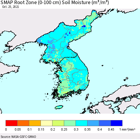 Korea SMAP Root Zone (0-100 cm) Soil Moisture (m³/m³) Thematic Map For 10/21/2021 - 10/25/2021