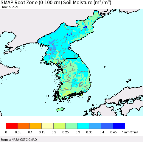 Korea SMAP Root Zone (0-100 cm) Soil Moisture (m³/m³) Thematic Map For 11/1/2021 - 11/5/2021