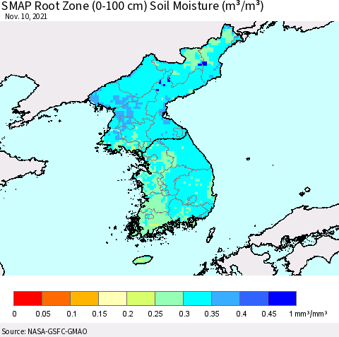 Korea SMAP Root Zone (0-100 cm) Soil Moisture (m³/m³) Thematic Map For 11/6/2021 - 11/10/2021