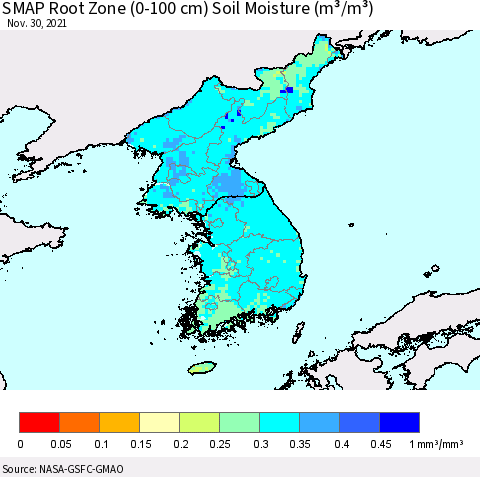 Korea SMAP Root Zone (0-100 cm) Soil Moisture (m³/m³) Thematic Map For 11/26/2021 - 11/30/2021