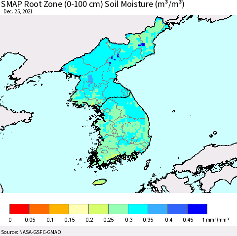 Korea SMAP Root Zone (0-100 cm) Soil Moisture (m³/m³) Thematic Map For 12/21/2021 - 12/25/2021
