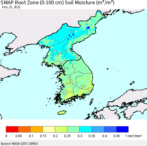 Korea SMAP Root Zone (0-100 cm) Soil Moisture (m³/m³) Thematic Map For 2/11/2022 - 2/15/2022