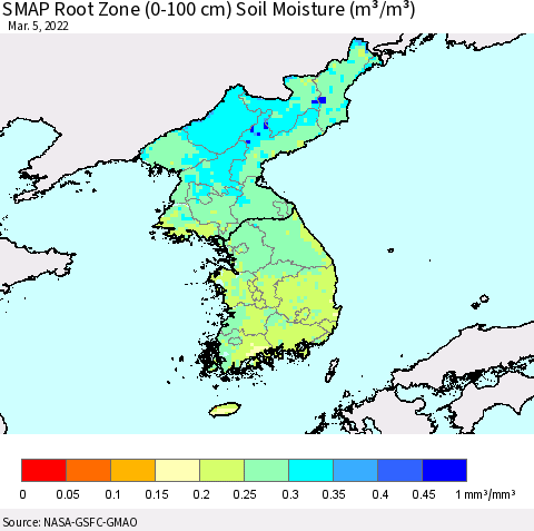 Korea SMAP Root Zone (0-100 cm) Soil Moisture (m³/m³) Thematic Map For 3/1/2022 - 3/5/2022