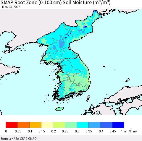 Korea SMAP Root Zone (0-100 cm) Soil Moisture (m³/m³) Thematic Map For 3/21/2022 - 3/25/2022
