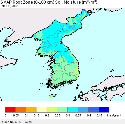 Korea SMAP Root Zone (0-100 cm) Soil Moisture (m³/m³) Thematic Map For 3/26/2022 - 3/31/2022