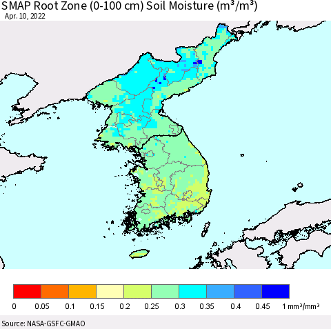 Korea SMAP Root Zone (0-100 cm) Soil Moisture (m³/m³) Thematic Map For 4/6/2022 - 4/10/2022