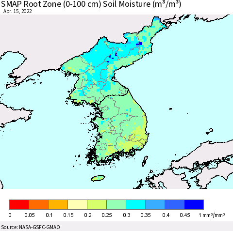 Korea SMAP Root Zone (0-100 cm) Soil Moisture (m³/m³) Thematic Map For 4/11/2022 - 4/15/2022