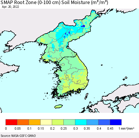 Korea SMAP Root Zone (0-100 cm) Soil Moisture (m³/m³) Thematic Map For 4/16/2022 - 4/20/2022