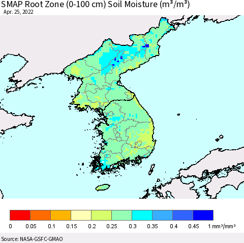 Korea SMAP Root Zone (0-100 cm) Soil Moisture (m³/m³) Thematic Map For 4/21/2022 - 4/25/2022