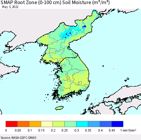 Korea SMAP Root Zone (0-100 cm) Soil Moisture (m³/m³) Thematic Map For 5/1/2022 - 5/5/2022