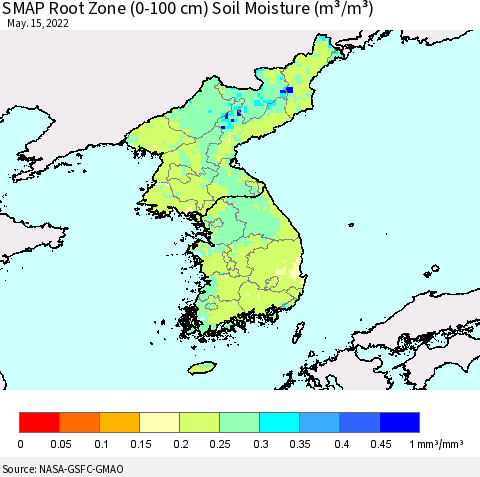 Korea SMAP Root Zone (0-100 cm) Soil Moisture (m³/m³) Thematic Map For 5/11/2022 - 5/15/2022