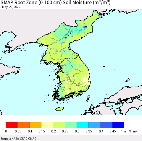 Korea SMAP Root Zone (0-100 cm) Soil Moisture (m³/m³) Thematic Map For 5/16/2022 - 5/20/2022