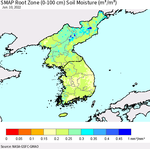 Korea SMAP Root Zone (0-100 cm) Soil Moisture (m³/m³) Thematic Map For 6/6/2022 - 6/10/2022