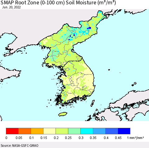 Korea SMAP Root Zone (0-100 cm) Soil Moisture (m³/m³) Thematic Map For 6/16/2022 - 6/20/2022
