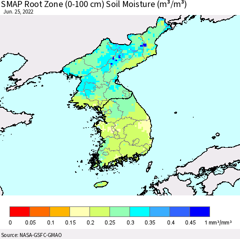 Korea SMAP Root Zone (0-100 cm) Soil Moisture (m³/m³) Thematic Map For 6/21/2022 - 6/25/2022