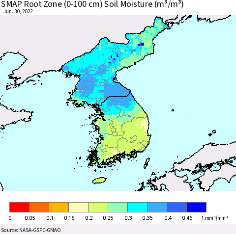 Korea SMAP Root Zone (0-100 cm) Soil Moisture (m³/m³) Thematic Map For 6/26/2022 - 6/30/2022