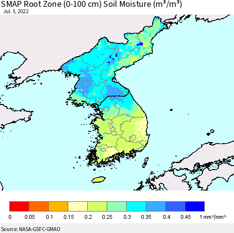 Korea SMAP Root Zone (0-100 cm) Soil Moisture (m³/m³) Thematic Map For 7/1/2022 - 7/5/2022