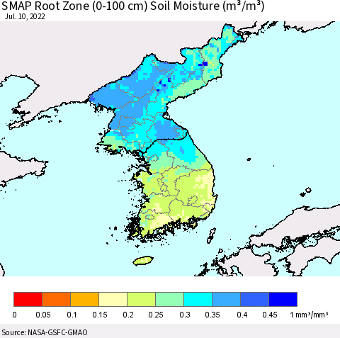 Korea SMAP Root Zone (0-100 cm) Soil Moisture (m³/m³) Thematic Map For 7/6/2022 - 7/10/2022