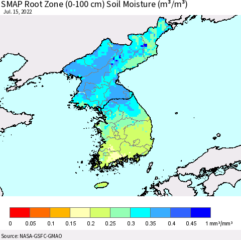 Korea SMAP Root Zone (0-100 cm) Soil Moisture (m³/m³) Thematic Map For 7/11/2022 - 7/15/2022