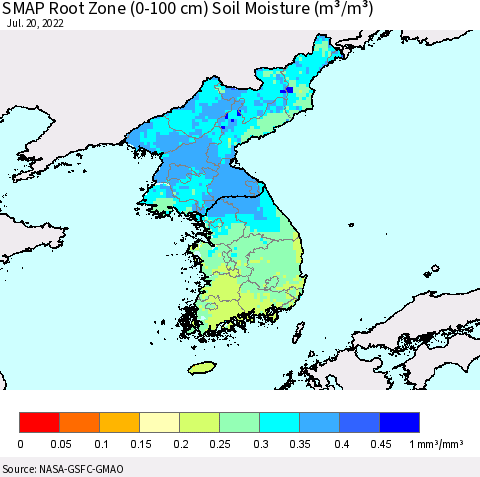 Korea SMAP Root Zone (0-100 cm) Soil Moisture (m³/m³) Thematic Map For 7/16/2022 - 7/20/2022