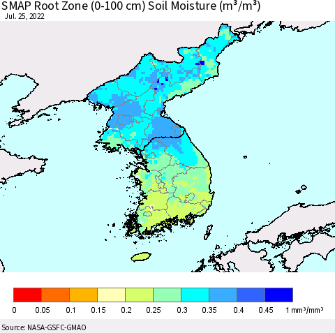 Korea SMAP Root Zone (0-100 cm) Soil Moisture (m³/m³) Thematic Map For 7/21/2022 - 7/25/2022