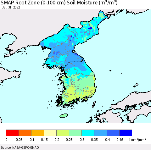 Korea SMAP Root Zone (0-100 cm) Soil Moisture (m³/m³) Thematic Map For 7/26/2022 - 7/31/2022