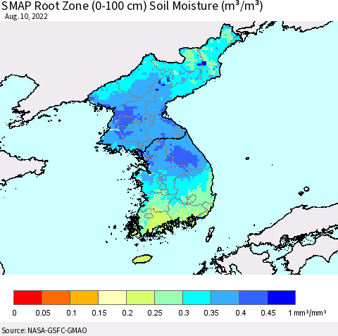 Korea SMAP Root Zone (0-100 cm) Soil Moisture (m³/m³) Thematic Map For 8/6/2022 - 8/10/2022