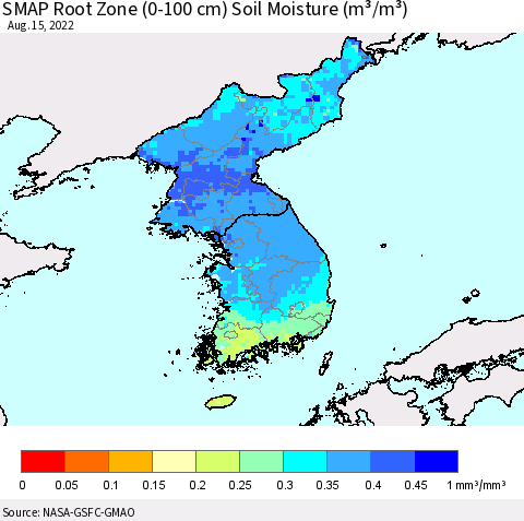 Korea SMAP Root Zone (0-100 cm) Soil Moisture (m³/m³) Thematic Map For 8/11/2022 - 8/15/2022
