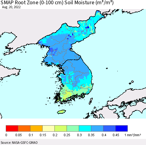 Korea SMAP Root Zone (0-100 cm) Soil Moisture (m³/m³) Thematic Map For 8/16/2022 - 8/20/2022