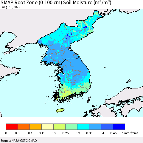 Korea SMAP Root Zone (0-100 cm) Soil Moisture (m³/m³) Thematic Map For 8/26/2022 - 8/31/2022