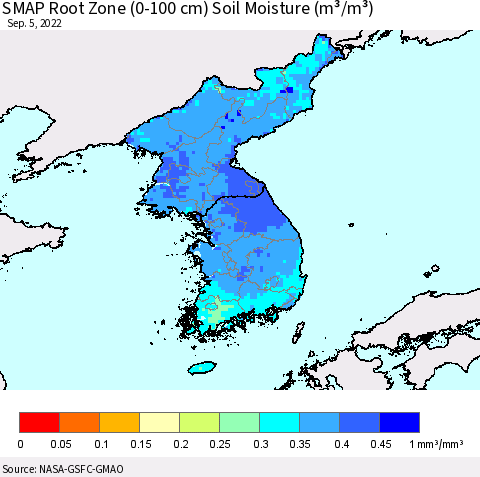 Korea SMAP Root Zone (0-100 cm) Soil Moisture (m³/m³) Thematic Map For 9/1/2022 - 9/5/2022