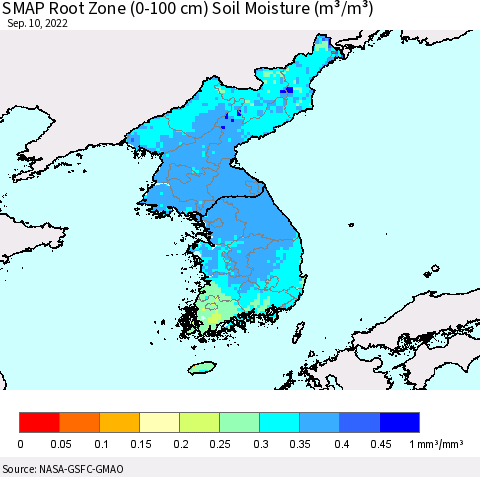 Korea SMAP Root Zone (0-100 cm) Soil Moisture (m³/m³) Thematic Map For 9/6/2022 - 9/10/2022