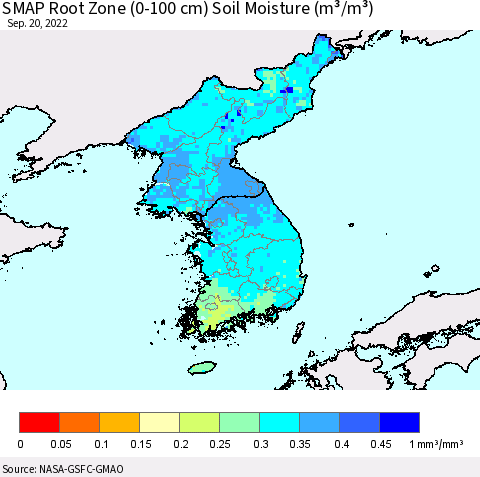 Korea SMAP Root Zone (0-100 cm) Soil Moisture (m³/m³) Thematic Map For 9/16/2022 - 9/20/2022